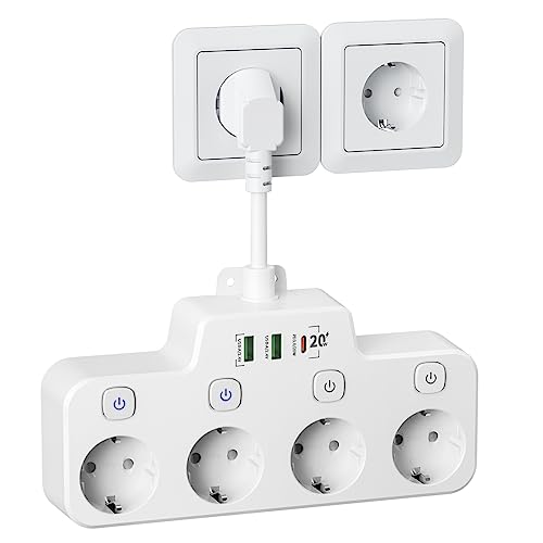 Regletas Enchufes Proteccion Sobretension Pared con USB C(PD 20W), Ladron Enchufes con Interruptor, Regleta 4 Enchufes Conmutable Individualmente, Base Enchufes Multiple,Blanco