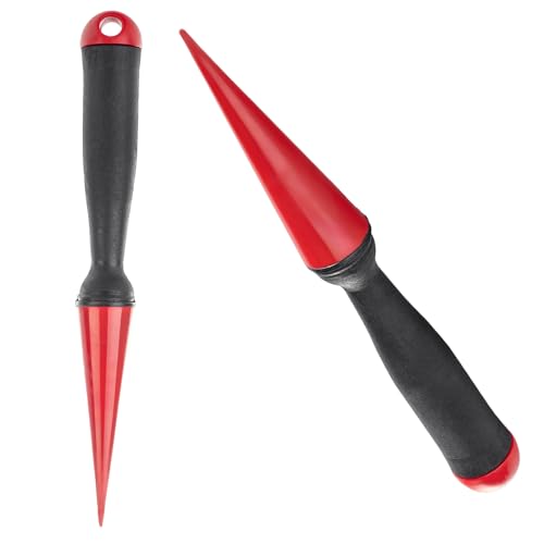 KADAX Einpflanzhilfe aus Metall, Pflanzlochstecher mit bequemem Griff aus Holz, Blumenzwiebelpflanzer, Zwiebelpflanzer, Pflanzschaufel, Pikierstab (Rot, 26cm)