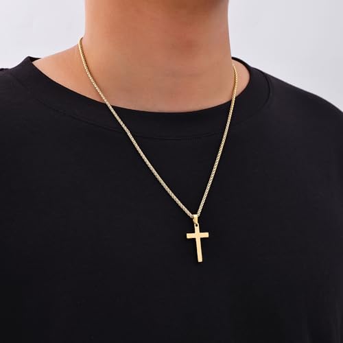 Fiusem Cross Necklace for Men, Silver Tone/Gold Plated/Black Mens Cross Necklaces with 2.5mm Chain, Stainless Steel Wheat Chain, 16-24 Inch3