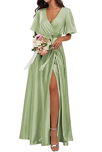 KURFACE Hochzeitskleid, Brautjungfernkleid, Wickelkleid, V-Ausschnitt, Flatterärmel, formelles Abendkleid, Partykleid für Damen, salbeigrün, 40