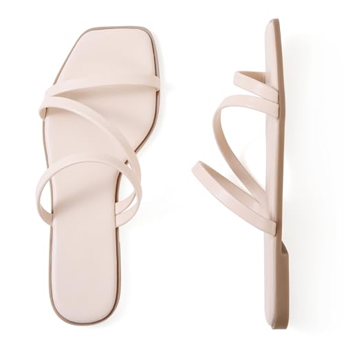 Image of LACUONE Strappy Flat Sandals For Women Slip On Square Open Toe Slides Sandals