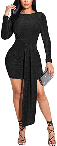 Image of Women's Casual Round Neck Long Sleeve Night Club Party Sexy Sparkly Bodycon Wrap Mini Dress