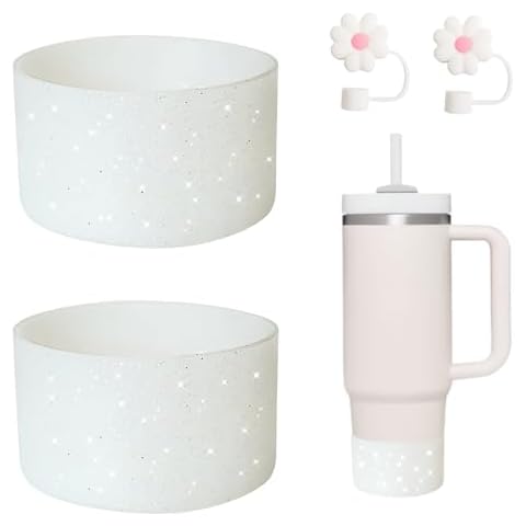Meilala 2PCS Bling Silicone Boot for Stanley Quencher 30/40oz Tumbler,Silicone Cup Protective Boot For Stanley 12-24oz Hydro Flask Bottle, 2.95In / 7.5cm Non-Slip Cup Bottom Boot (Silver) Cover