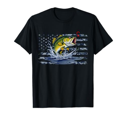 Bandera americana de EE. UU. Camo Bass Fish Fishing Camouflage Fisherman Camiseta