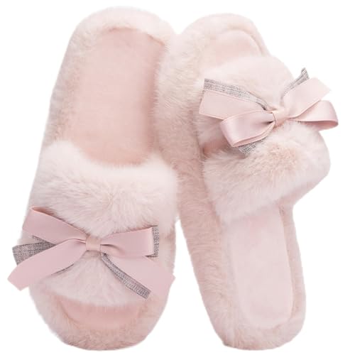 GOEWY House Slippers for Women Open Toe Fuzzy Cute Bow Slippers with Memory Foam Fluffy Cozy Birthday Gifts for Women Mom Indoor and Outdoor Size 7 8 Pink