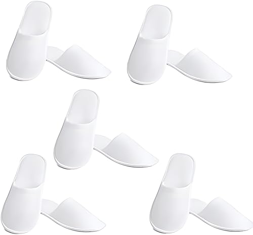 White Disposable Slippers, Cotton Closed Toe Spa Slippers for Women and Men, Breathable Non-Slip Slippers for Hotel, Guests, Travel (Pack 5 Pairs)