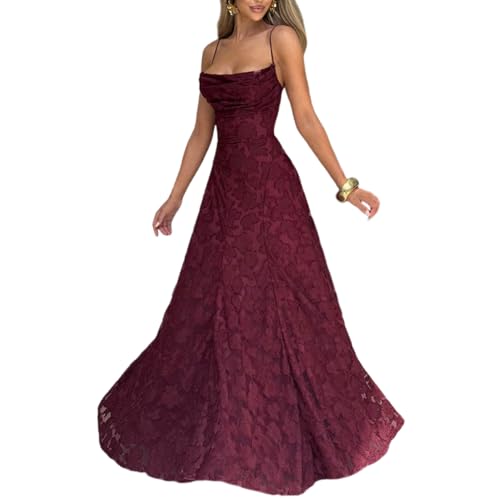 Spitze Blumen Jacquard Brautjungfernkleider 2025 Elegantes Korsett Spaghettiträger Rückenfreies Langes Formales Abendkleid,Burgundy,M