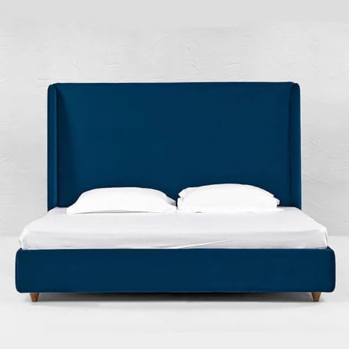 Image of Wooden Modern Upholstered Queen Size Bed for Bedroom | Wooden Double Bed Without Storage | Platform Cot Upholstered Bed with Upholstery Fabric | Engineered Wood | 6.5 x 5 Ft | Blue
