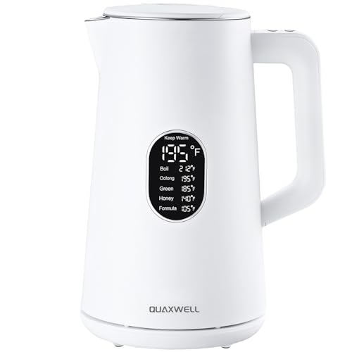 QUAXWELL Electric Kettle, 1.5L Stainless Steel, Double Wall Cool Touch Teapot, Fast Boil,5 Temperature Control, LED Display, Auto Shut-Off, BPA-Free,Keep Warm Function, Ideal for Tea & Coffee,White