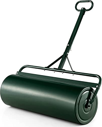 Rodillo de césped de jardín de 113 L, rodillo de césped de acero relleno de arena con tapón de drenaje extraíble y barra rascadora, herramienta de metal resistente, herramienta de rodillo manual para