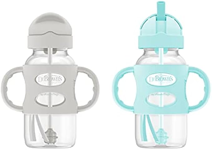 Dr. Brown's Milestones Wide-Neck Sippy Straw Bottle with 100% Silicone Handles and Weighted Straw, 9 oz/270 mL, Gray & Green, 6m+