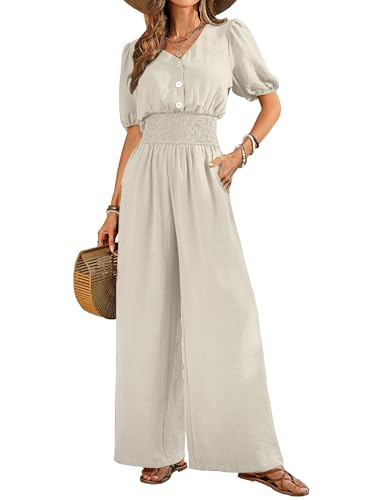 LOOKBOHO Womens Jumpsuits Summer Casual Dressy Peplum Sleeve Wide Leg Long Pants Rompers 2026 Trendy Outfits Ivory XXL