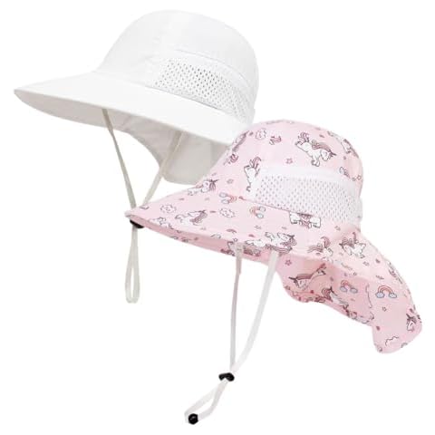 Toddler Sun Hat Baby Beach Hat Summer UPF 50+ Protection Caps for Boys Girls Wide Brim Neck Flap Outdoor Play Hats (US, Age, 3 Years, 7 Years, 2 Pack(White+Pink Unicorn)) Cover