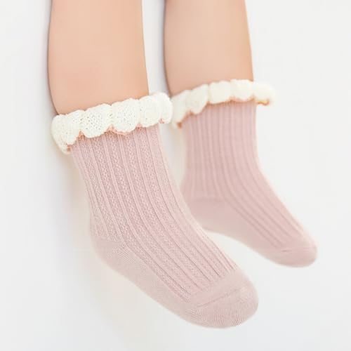 Baby Toddler Girls Frilly Ruffle Ribbed Cotton Socks with Lace Trim for 0-5 Years (Pack of 5)3