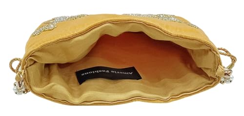 Image of Velvet Potli Bag with Golden & Silver Beaded Flower Embroidery - Handcrafted Ethnic Drawstring Bag for Weddings, Parties & Festive Gifts - Beaded Handle & Tassels for Women