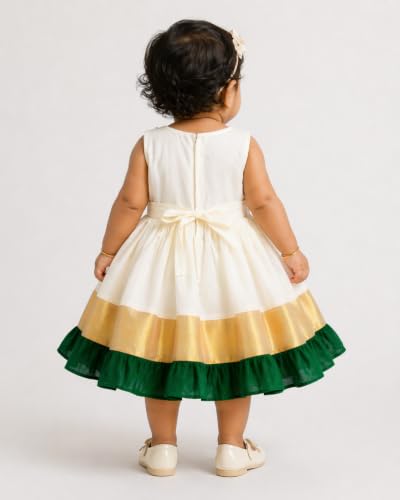 Image of Stanwells Kids Dress for Girls Embroidery Knee Length Traditional Applique Kerala Ethnic Frock for Baby Girls Zipper Beautiful Sleeveless Birthday Dress for Girls Cream & Green (4 Months-7 Years)