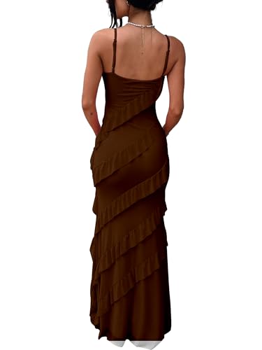 Image of HOCILLE Women's Sexy V Neck Backless Bodycon Spaghetti Strap Elegant Ruffle Maxi Cocktail Party Dresses