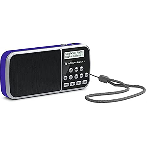 AQINOVA Digital 1 – portables DAB+/UKW Radio (LCD-Display, Favoritenspeicher, Direktwahltasten, Kopfhöreranschluss, USB, AUX-in, LED-Taschenlampe, wechselbarer Akku, 1Watt, klein) blau