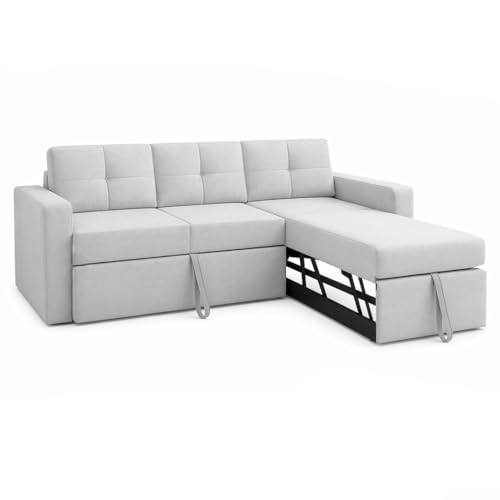 Image of FURNY Tira 4 Seater RHS Lounger Sofa Cum Bed (Light Gray) with Pull-Out Function | Luxury Velvet Suede Finish | Durable Comfort | Ideal for Living Room