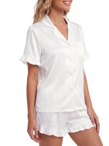 Image of Umenlele Women's 2 Piece Satin Pajama Set Cute Ruffle Short Sleeve Button Down Shirt with Shorts Summer Pjs