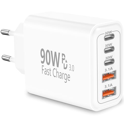 USB C Ladegerät Rombica 90W 5Port Schnellladegerät Mehrfach USB-C und USB-A Netzteil 3PD 3.0 Power Adapter Fast Charger Ladestecker für iPhone 17 17 Pro Max 16 15 14 13 12 11 iPad Samsung Handys