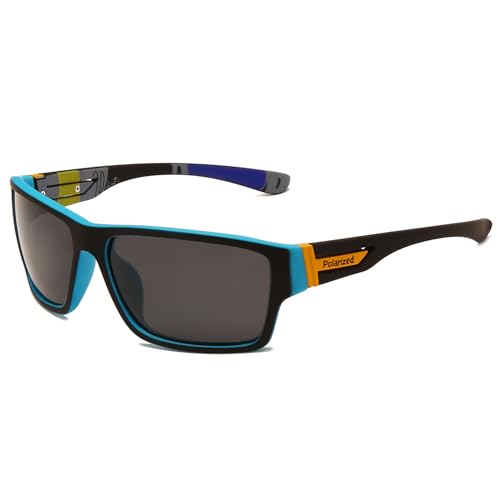 Long Keeper Gafas de Sol Deportivas Polarizadas Ligeras Gafas Deportivas Envolvente Hombre Mujer para Running Pesca Conducer Ciclismo Alpinismo (Negro Azul Montura - Gris Oscuro Lente)