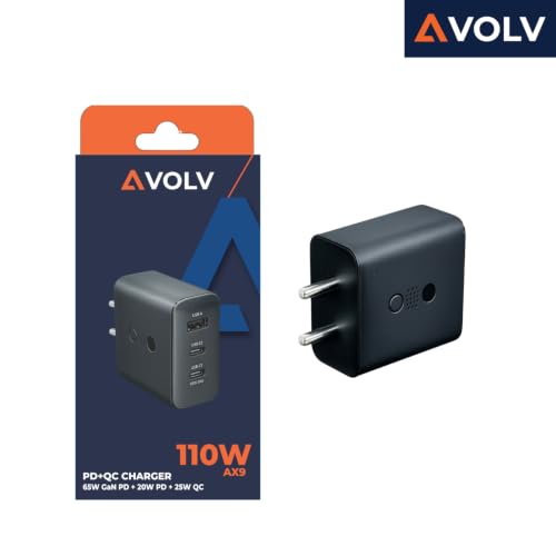 Image of Avolv AX9 110W Fast Charger | 3 Port USB Charger | Universal Fast Charging | Compatible for iPhone, Samsung, OnePlus, Xiaomi, iQOO, Realme, MacBook & USB-C Devices, Black