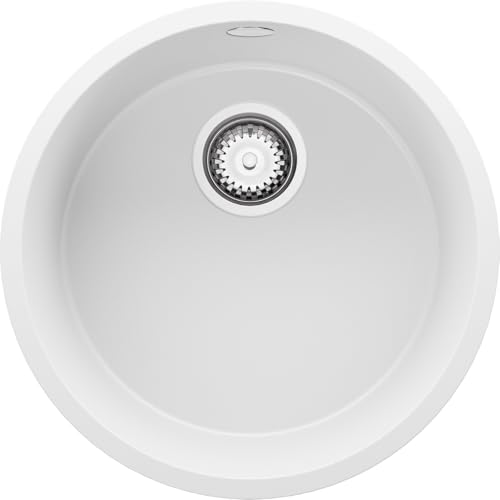 PRIMAGRAN Evier cuisine Granit Rond Blanc 46x46cm, Evier 1 bac + Kit de Vidage, Lavabo Cuisine al mueble 50cm - La Valette Slim S002