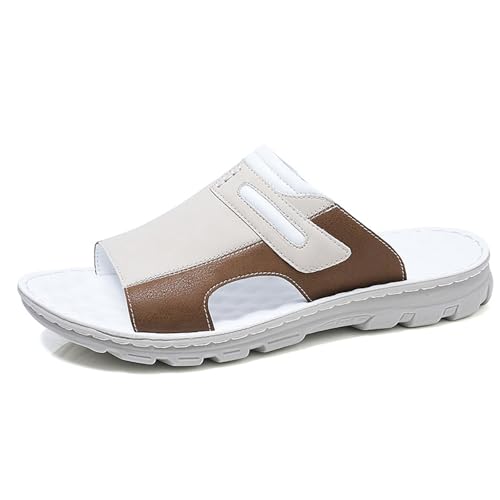Men'S Leather Open Toe Summer Slide Sandals Comfortable Lightweight Non-Slip Flat Beach Outdoor Slippers Casual Fisherman Slip-On Sandals