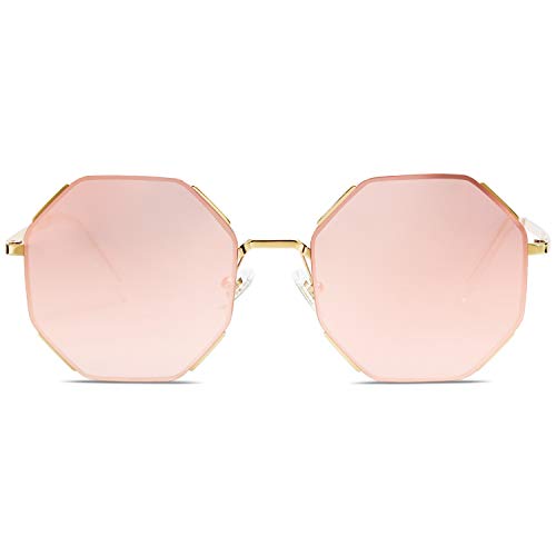 SOJOS Sunglasses for Women Men Classic Retro Polygon Shades UV400 SJ1128,Gold/Pink