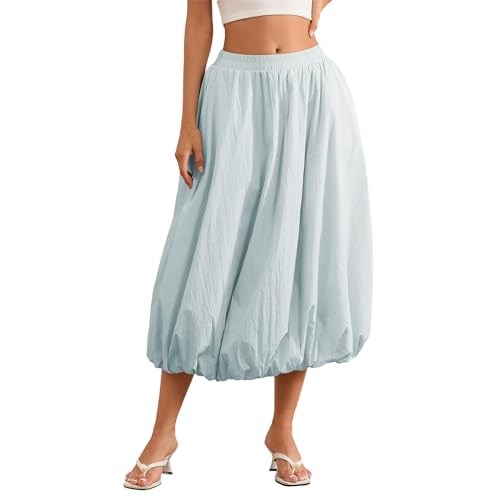 Women Bubble Y2K Maxi Skirt High Waist Solid Color A Line Long Skirts Pleated Flowy with Pockets
