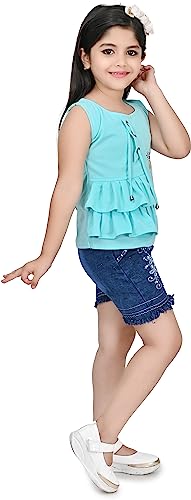 Image of Zenat Girls Polycotton Regular Fit Printed Round Neck Half Sleeve Casual Wear Top & Pant Set (Sky Blue 4-5 Years)