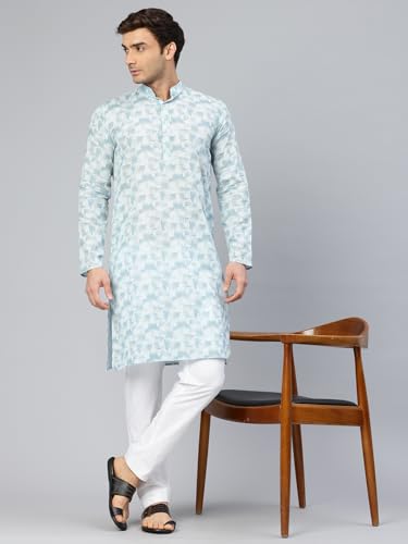 Image of Majestic Man Men's Cotton Regular Fit Casual Mandarin Collar Ethnic Motifs Printed Long Regular Kurta