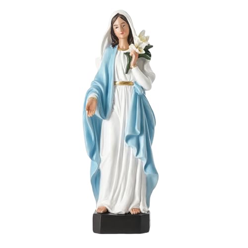 XUEMEKO Virgin Mary Statue - 9.6" H Blessed Mother Mary Statue, Hand-Painted Madonna Virgen Maria Holding Lilies, Resin Catholic Statues Decor for Home Altar, Prayer Corner, Religious Gift