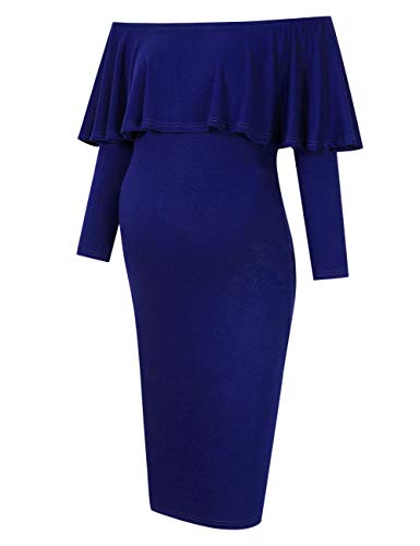 Coolmee Women's Maternity Dress 3/4 Sleeve Off Shoulder Casual Maxi Dress (M,Navy Blue-Long)