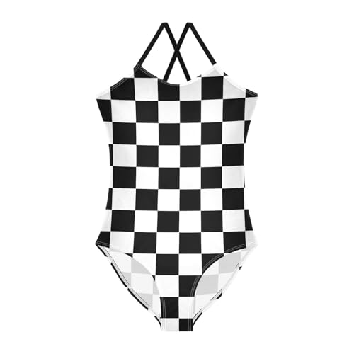 Image of Black and White Chess Girls One Piece Swimsuits Board Marble Tile Sport Halter Swimwear Beach Bathing Suit 3T