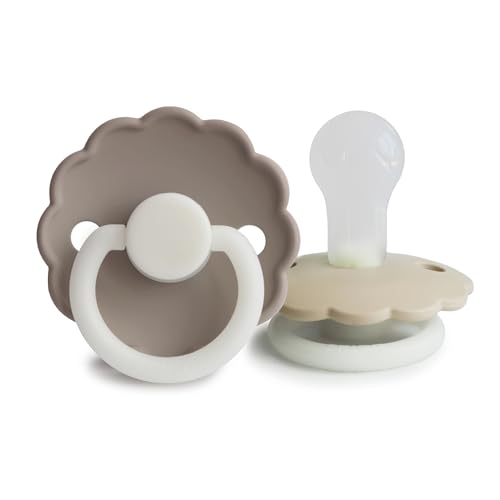 Image of FRIGG Daisy Night SilkySoft Silicone Baby Pacifier | Made in Denmark | BPA-Free (Portobello /Croissant, 0-6 Months)