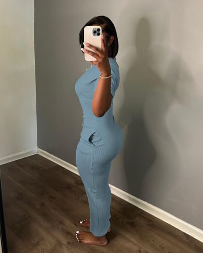 Image of Women's Casual Short Sleeve Dress T Shirt Bodycon Dresses Ribbed V Neck Maxi Sundress Basic Party Club Dress with Pocket