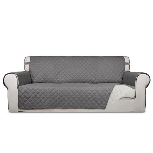 Image of PureFit Reversible Quilted Sofa Cover, Water Resistant Slipcover Furniture Protector, Washable Couch Cover with Non Slip and Elastic Straps for Kids, Dogs, Pets (Sofa, Gray /Ivory)