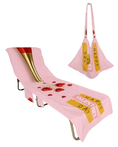 Valentine's Day Beach Lounge Chair Towel Cover, Soft Chaise Lounge Towel with Side Pockets Patio Pool Chairs Cover for Beach/Pool Sunbathing 29x85 Red Love Heart Champagne Pink