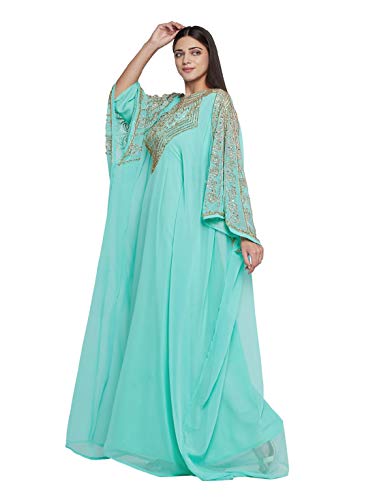 Aniiq Women Dubai Kaftan Farasha Caftan Long Maxi Dress Long Sleeves Georgette Ethnic, Bridal, Evening, Party, Wedding Dress, Color- Mint #TOP1