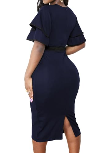 Image of Xinlees Women's Bodycon Pencil Dress Sexy Short Ruffles Sleeve Clubwear Basic Fitted Outfits Casual Midi Dresses