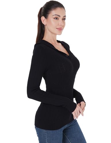 AmélieBoutik Women Hooded Ribbed V Neck Long Sleeve Sweater Cable Knit Top