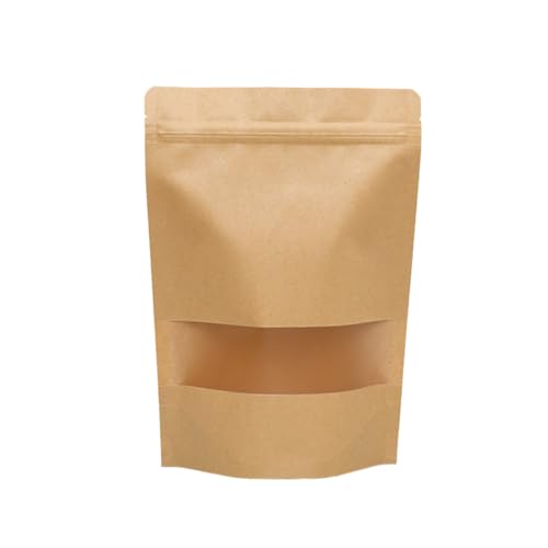 Holibanna 50個 自立式チャック付きクラフト紙袋 透明窓付き 密封可能 食品グレード 紅茶 ナッツ ド ーツ用収納パウチ