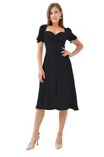Image of Shasmi Girl's & Women's Solid Midi Dress - Elegant Square Neck Button-Down Dress with Puff Short Sleeves | Stylish Casual & Party & Office Wear Outfit (Dress 105)