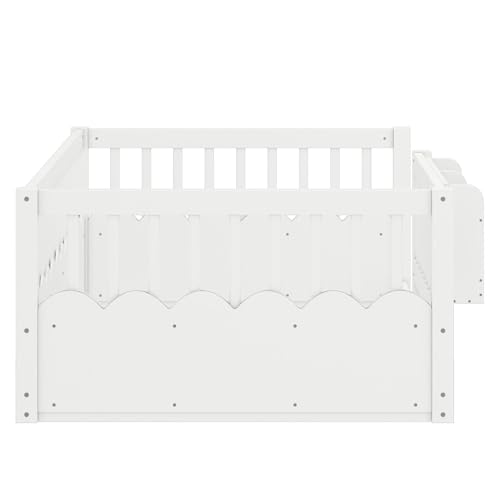 Image of Bellemave Twin Size Kids Montessori Floor Bed,Solid Wood Floor Bed Frame with Bookshelf and High Fence for Kids,Girls,Boys,White