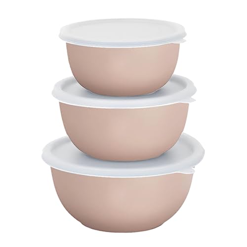 Zaib Microwave Safe Stainless Steel Euro Mixing Bowl Set with Lid | 1250ml + 750ml + 500ml | Food Storage Container for Kitchen (Sand Brown 3)