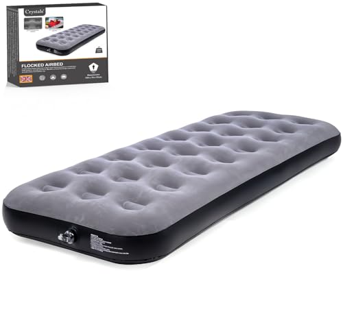 Image of Crystals Single Air Bed with Built-In Pillow – Flocked Inflatable Camping Mattress, Comfortable Blow Up Bed for Indoor & Outdoor Use, Portable Guest Bed, Durable Airbed Grey