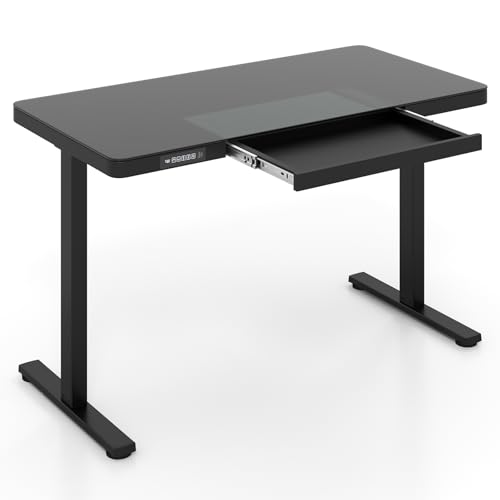 GYMAX Bureau Assis-Debout Electrique 120 x 60 cm, Réglable en Hauteur, Ports USB et Type-C, Plateau en Verre Trempé, Tiroir, Ergonomique, 2 Réglages de...