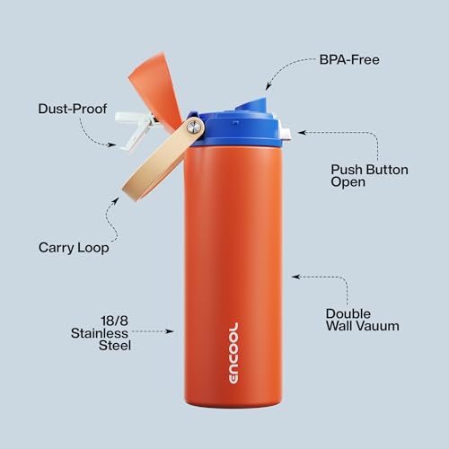 Image of Insulated Water Bottle with Straw - Encool Stainless Steel Water Bottle with Push Button Lid, Leak-Proof & BPA-Free, Keeps Cold for 24 Hours for Sports, Travel, Gym (24 oz, Salmon)